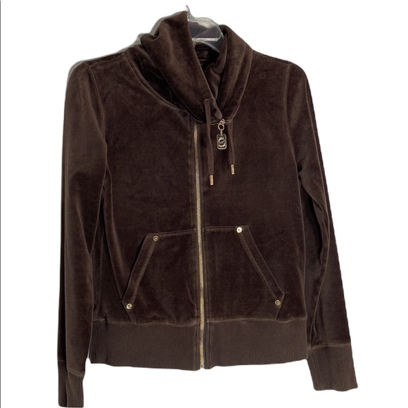Michael Kors Brown Velour Top with Zip Up Front Size Small 2 Front Pocke… - Picture 1 of 9